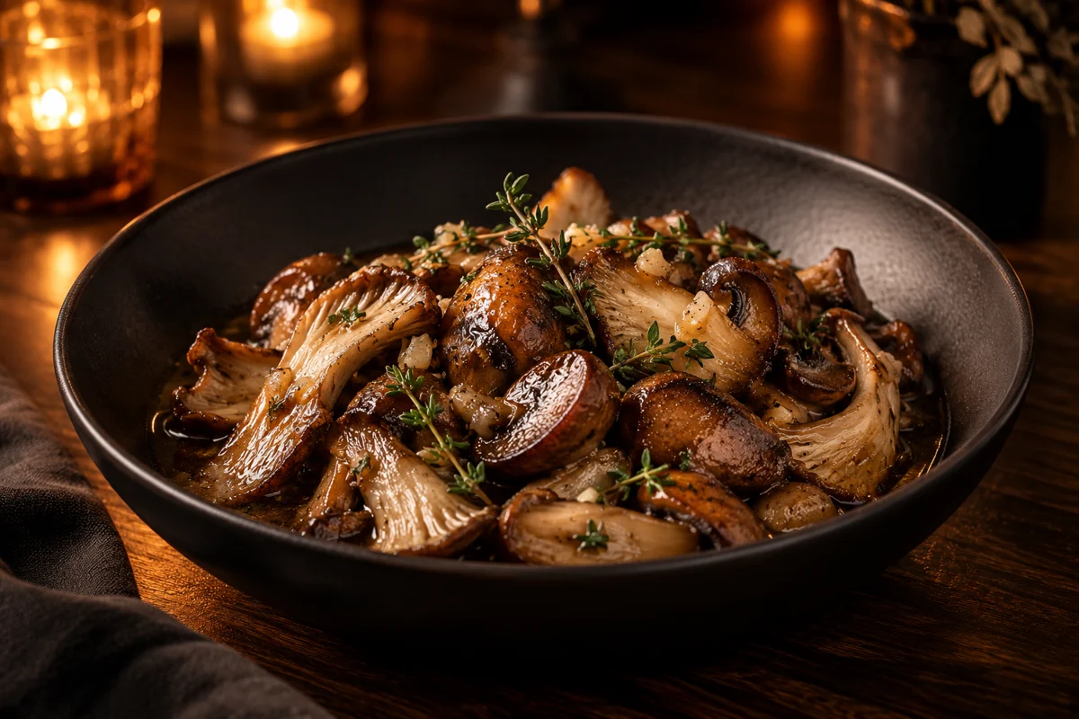 Roasted steakhouse mushrooms in a black serving bowl