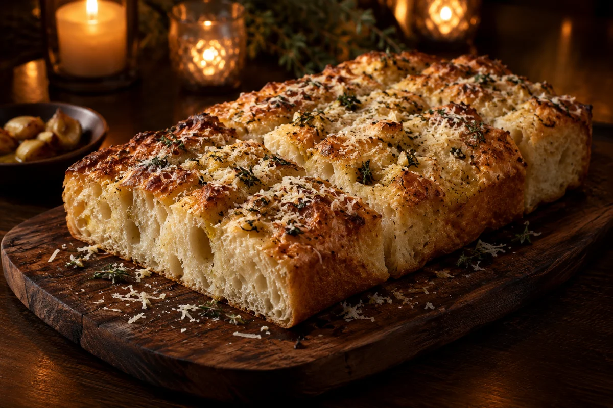 Golden focaccia topped with roasted garlic and Parmesan on a wooden serving board