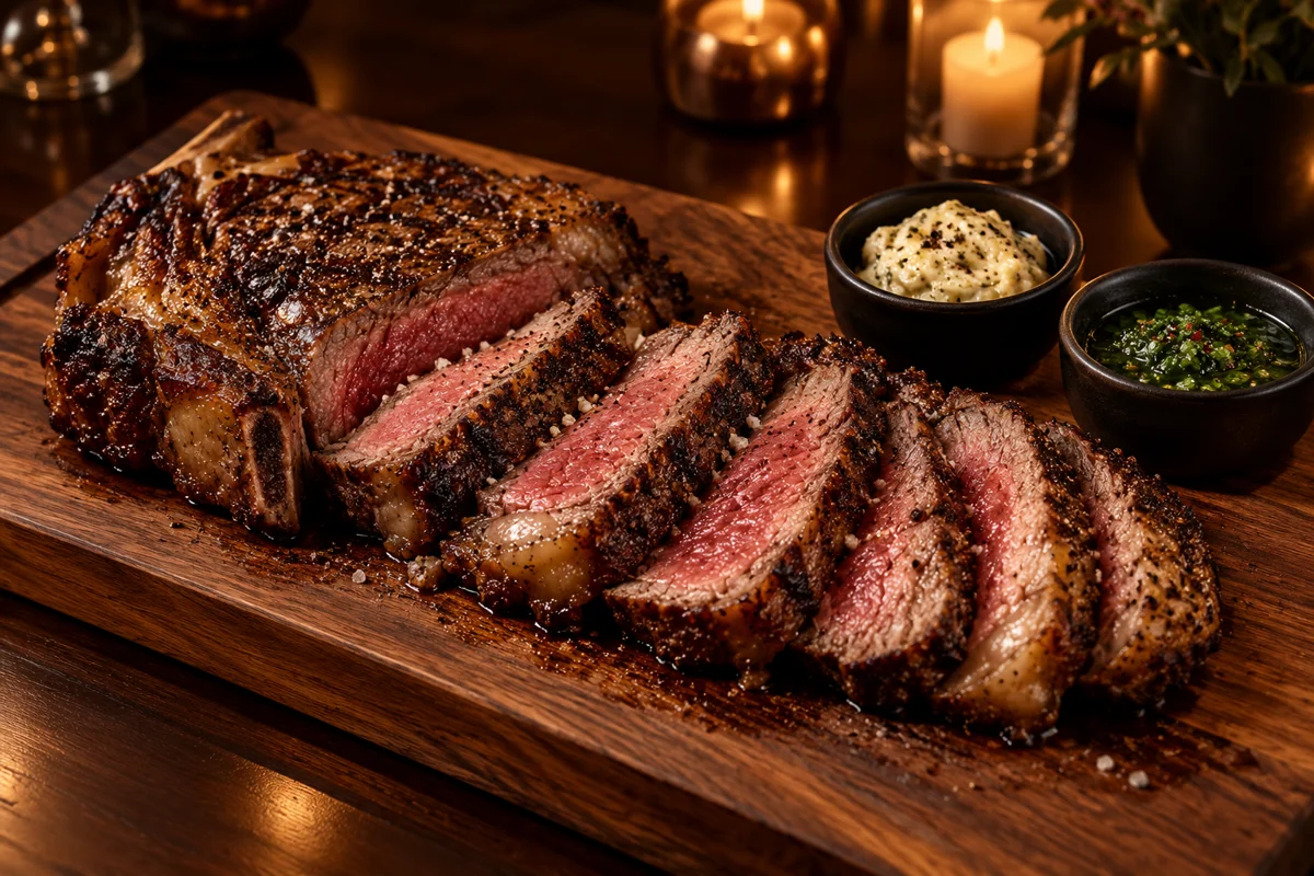 Sliced ribeye steak with bone marrow butter and chimichurri