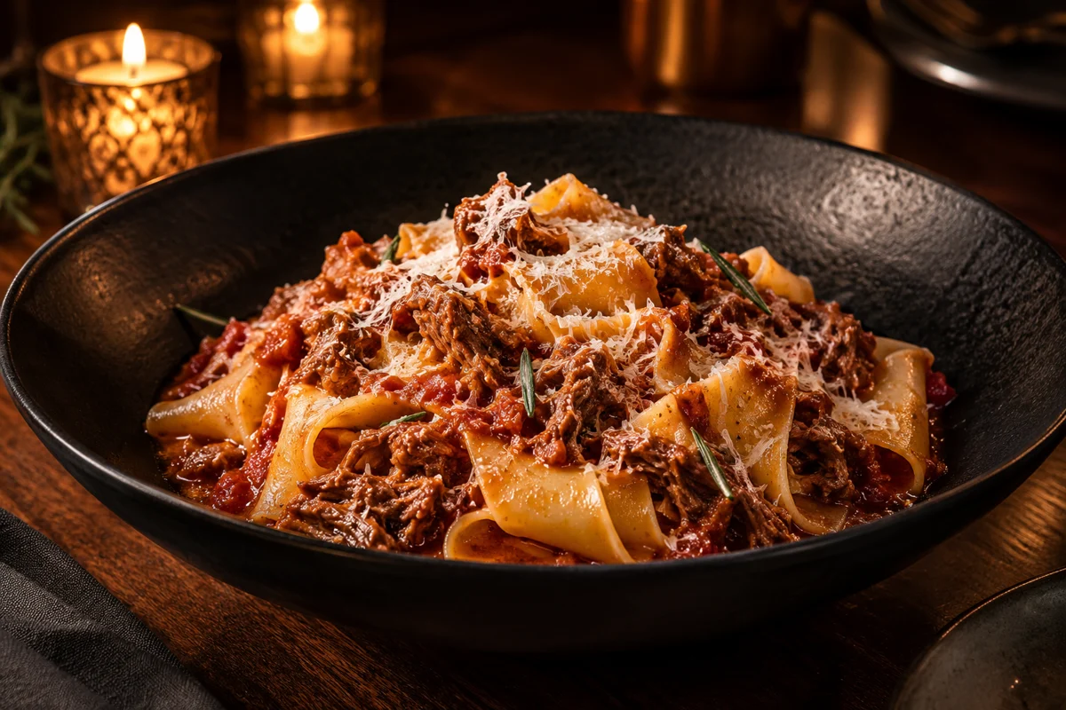 Wide pappardelle pasta topped with slow-braised lamb ragù and Parmesan