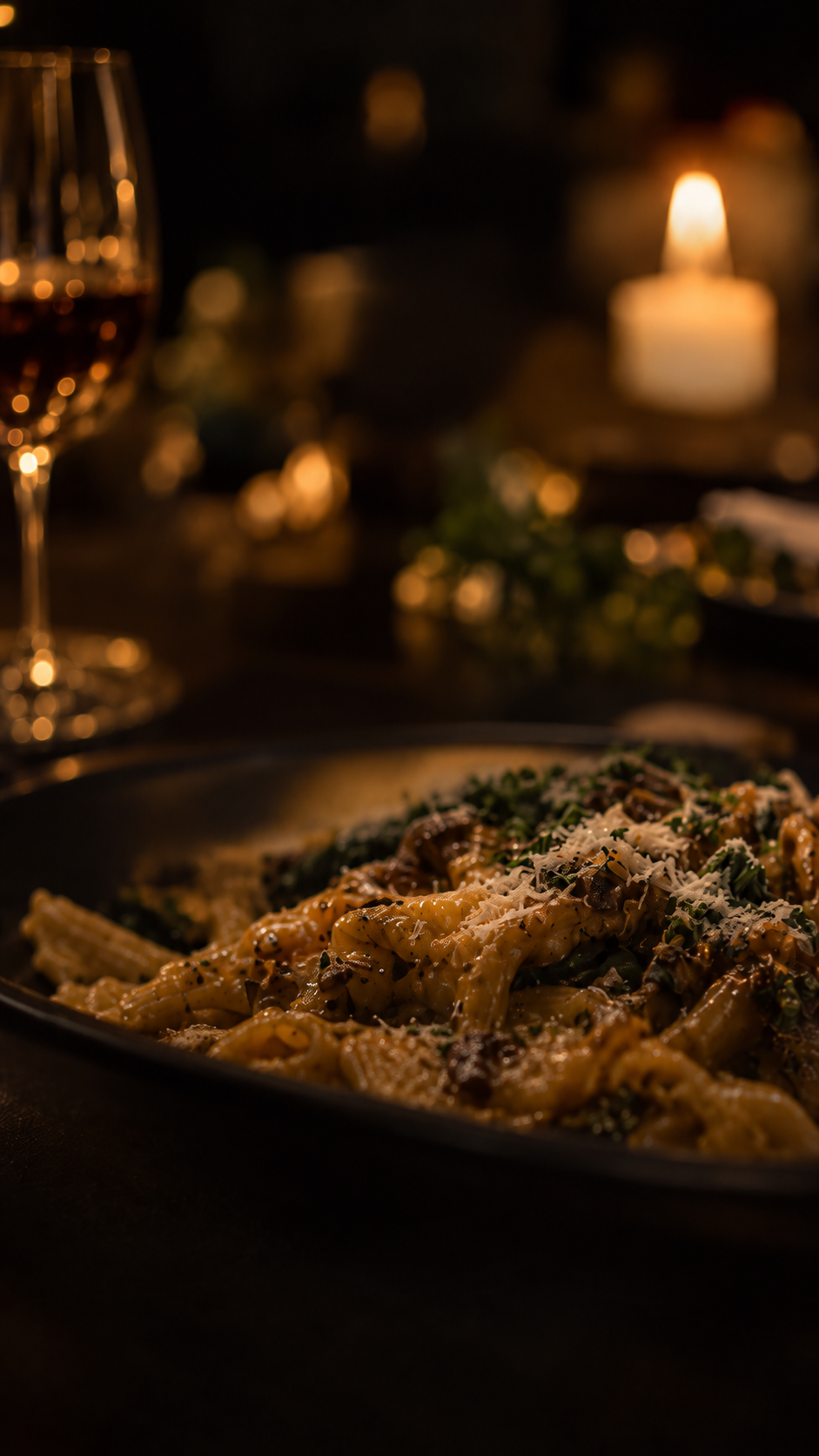 A plated Fable pasta course served by candlelight with a glass of red wine