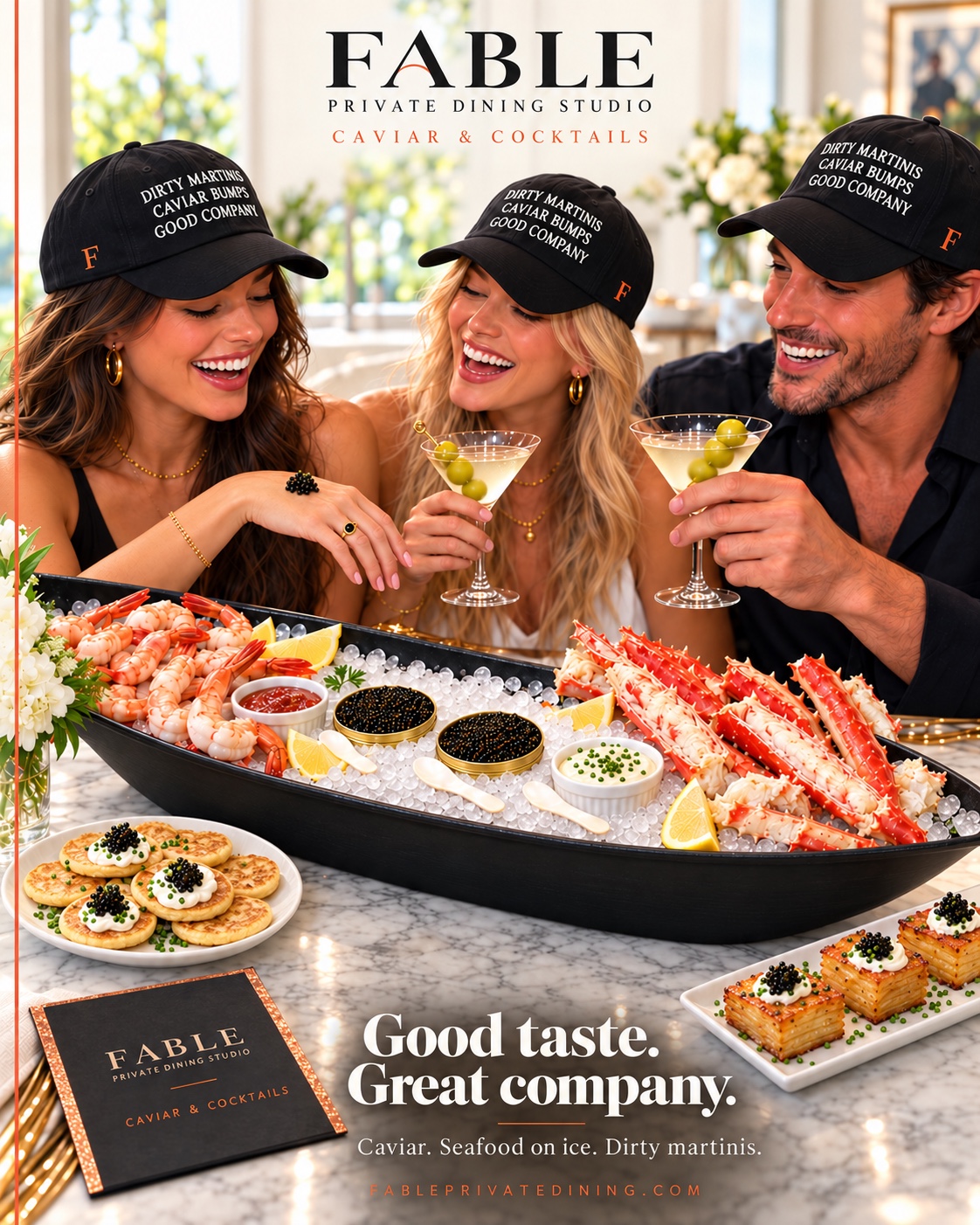 Fable Caviar & Cocktails approved artwork: three guests with dirty martinis and black keepsake hats beside a long black boat of iced caviar, jumbo shrimp and split king crab, with blini and potato pavé on separate plates; Fable Private Dining Studio branding