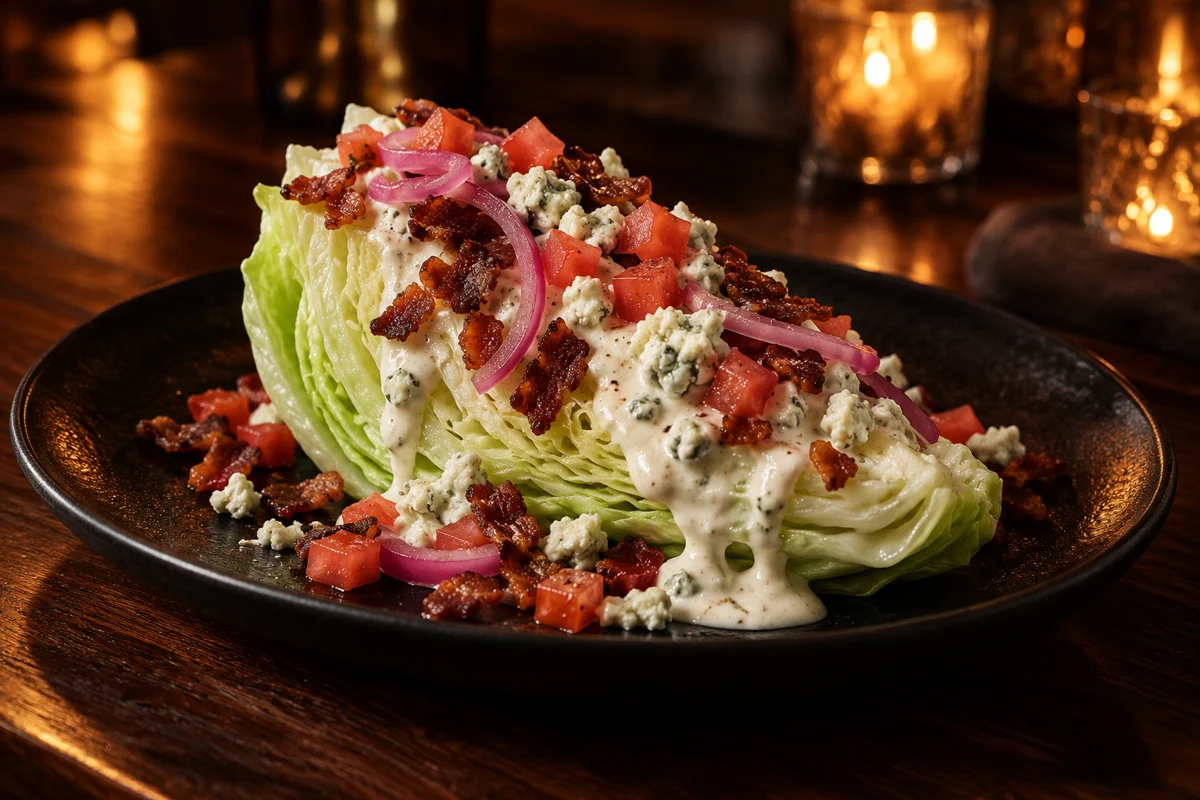 Iceberg wedge salad with creamy dressing and bacon on a black plate
