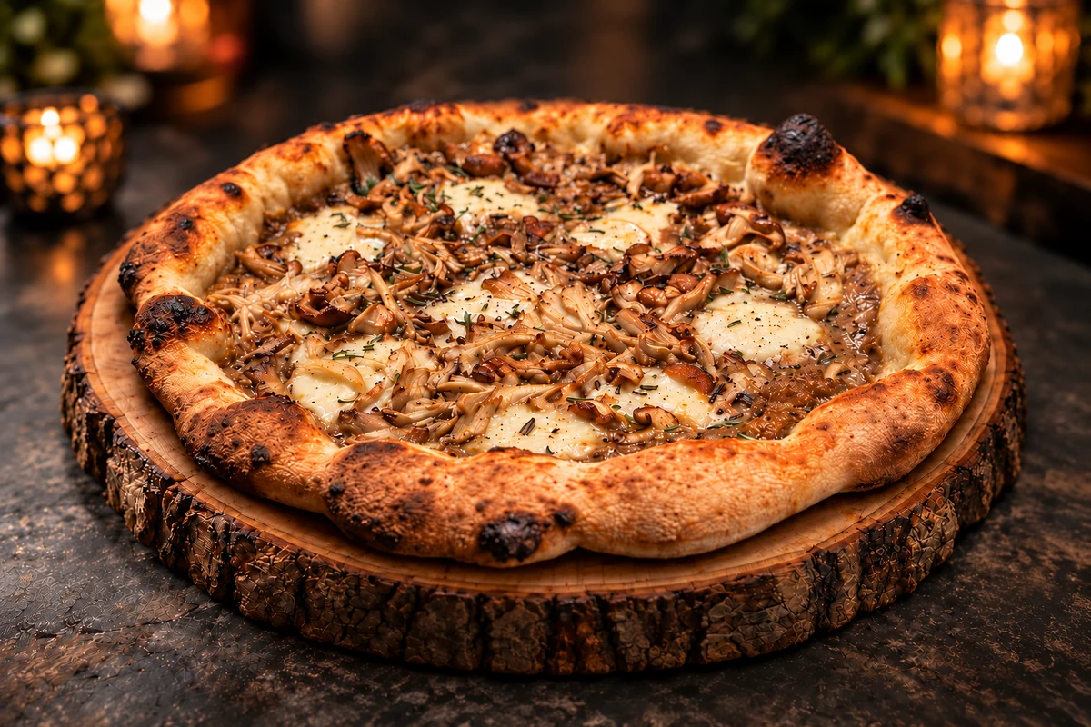 Wood-fired mushroom pizza on a round wooden board