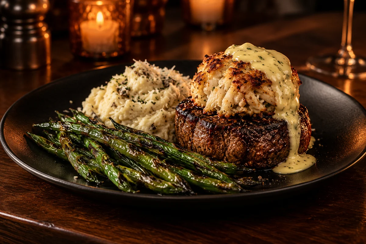 Grilled filet mignon with a crab cake, béarnaise, mashed potatoes and green beans
