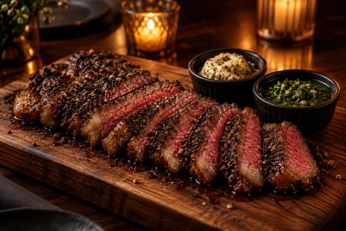 Sliced coffee and black pepper strip steak with butter and chimichurri