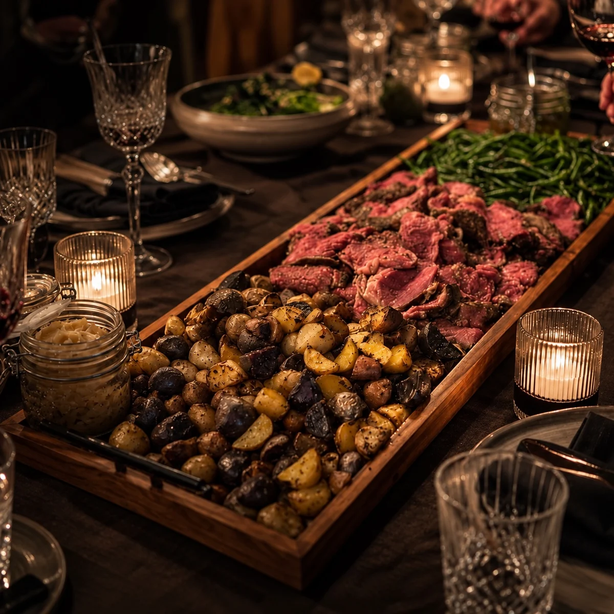 Family-style butcher board with sliced beef, roasted potatoes and green beans, centered on a wooden table with black place settings