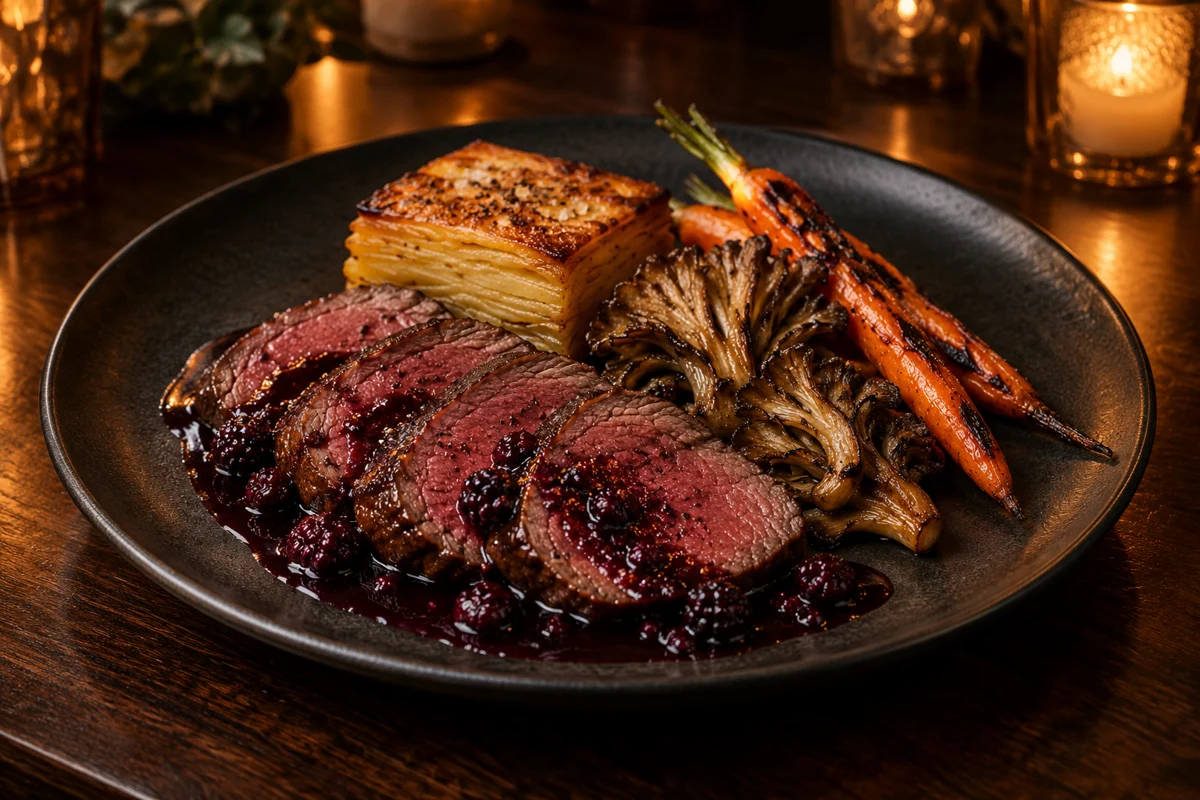 Sliced venison loin presented as a Wild South tasting course