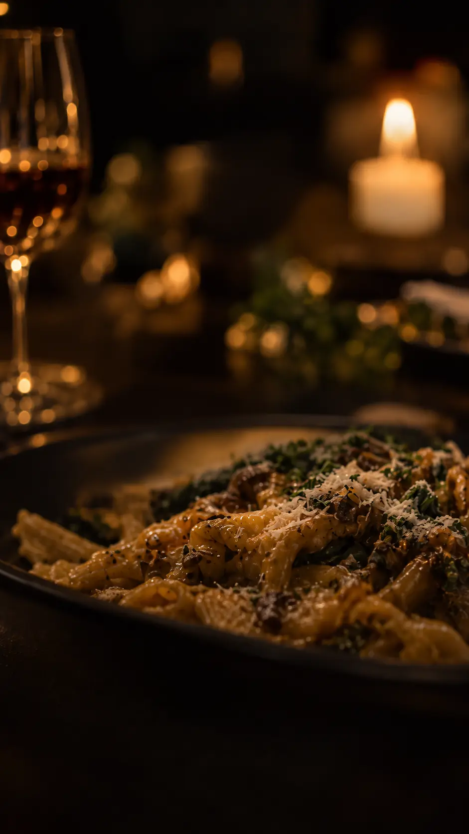 A Fable pasta course with red wine at a candlelit table