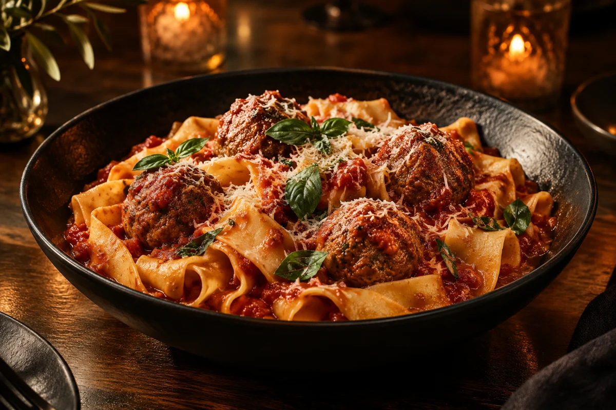Pappardelle with meatballs, tomato sauce and Parmesan in a black bowl