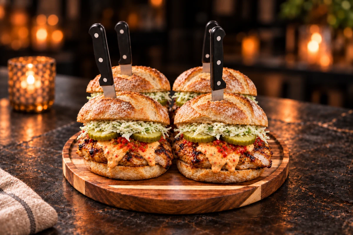 Four charred chicken thigh sandwiches on hearth rolls with pimento cheese, pickles and knives