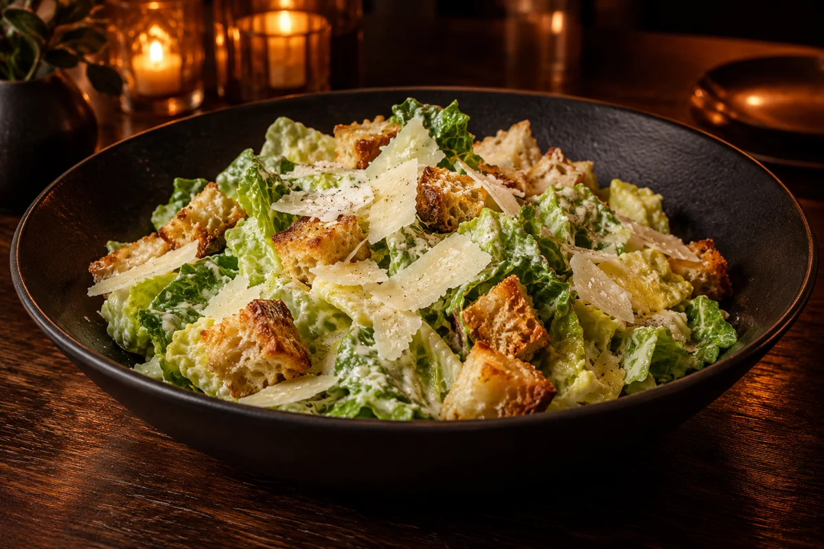 Caesar salad with crisp croutons and Parmesan in a black serving bowl