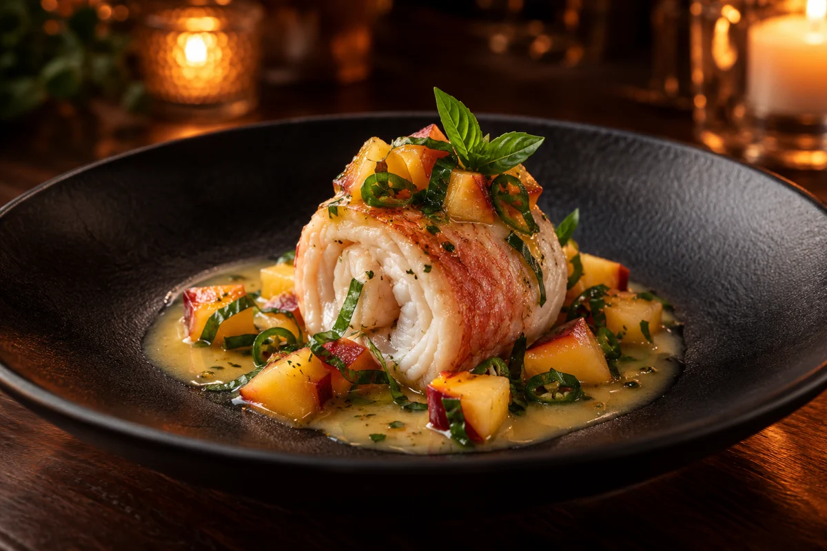 Poached red snapper roulade presented as a plated Wild South course