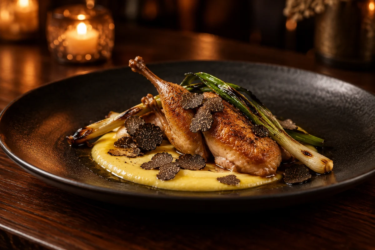 Crisp roasted quail presented on a black plate for the Wild South tasting menu