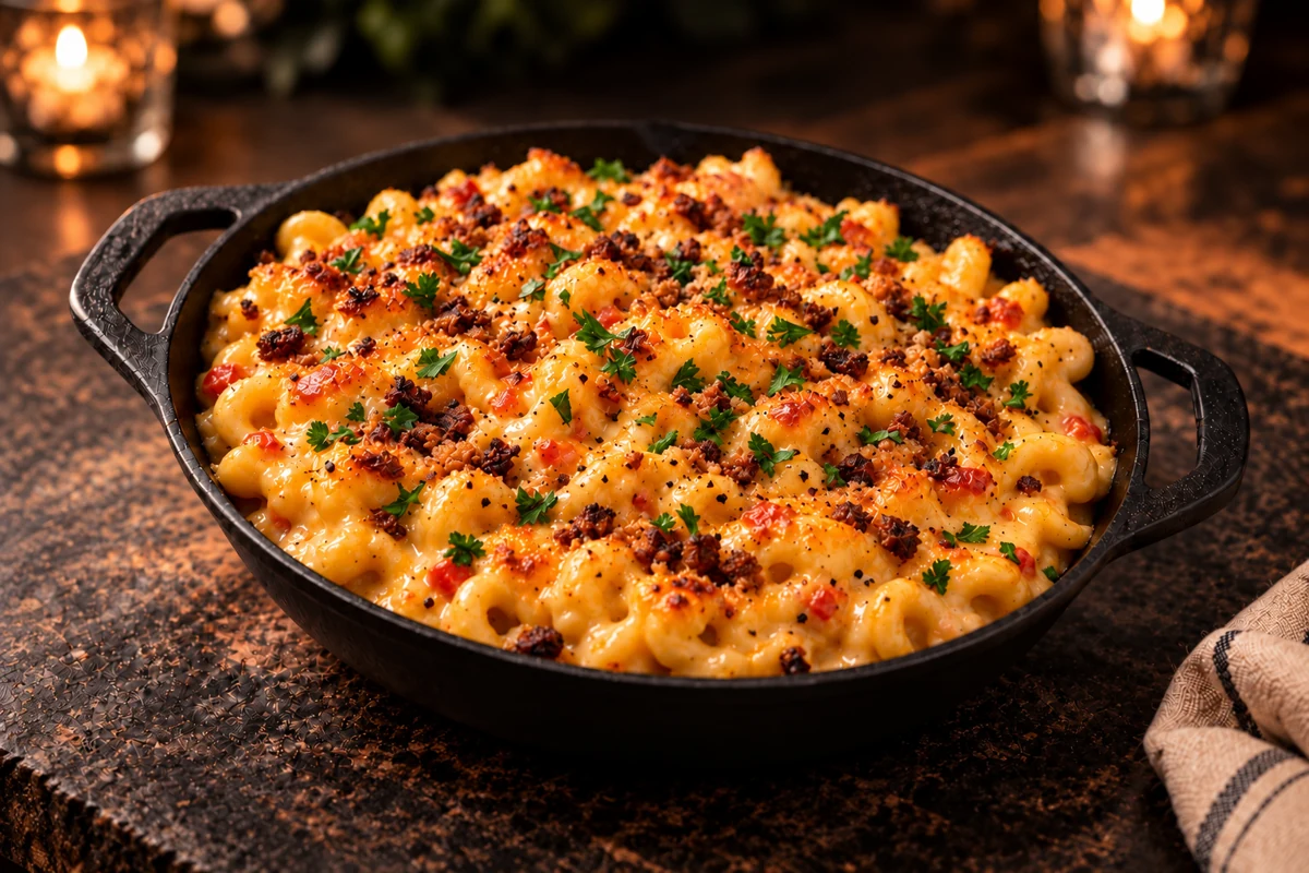 Burnt Edge Pimento Mac in a cast-iron skillet