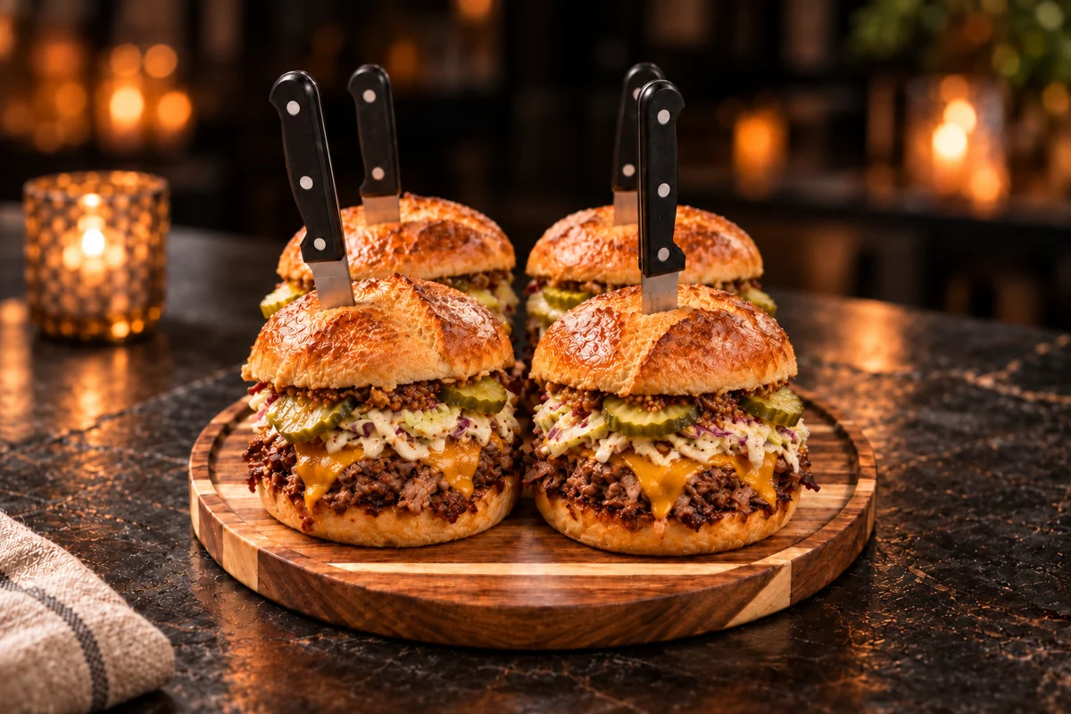 Four braised pork and slaw sandwiches on hearth rolls with knives on a round wooden board