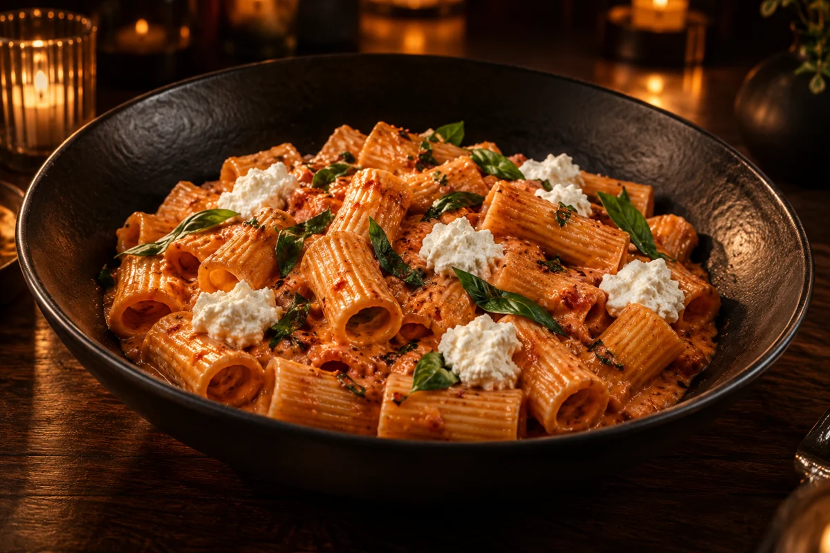 Rigatoni coated in spicy pink vodka sauce with Parmesan