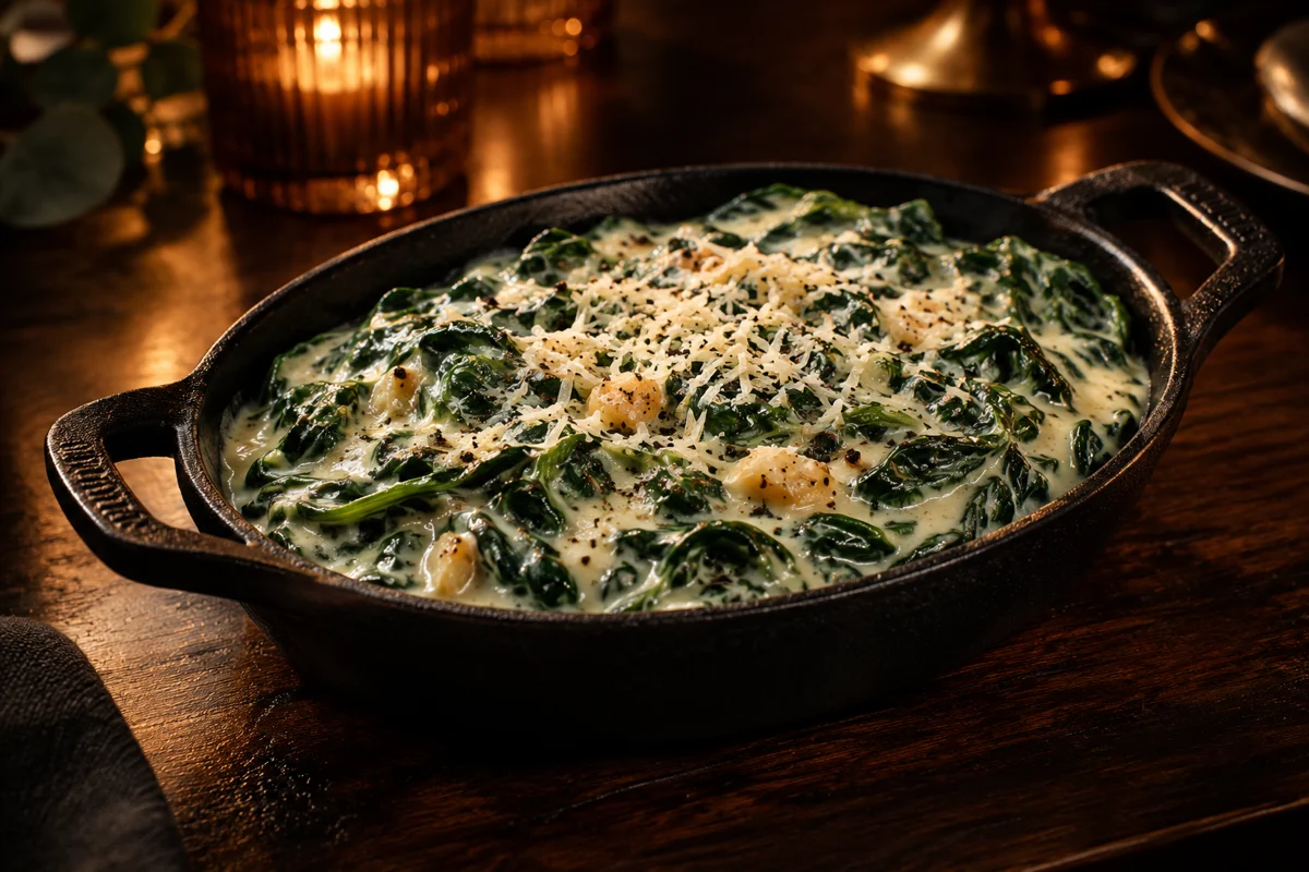 Creamed spinach in a black serving bowl beside candlelight