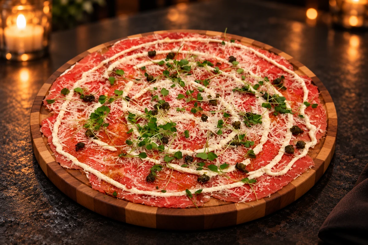 Beef carpaccio with Parmesan, capers and horseradish cream on a round wooden board