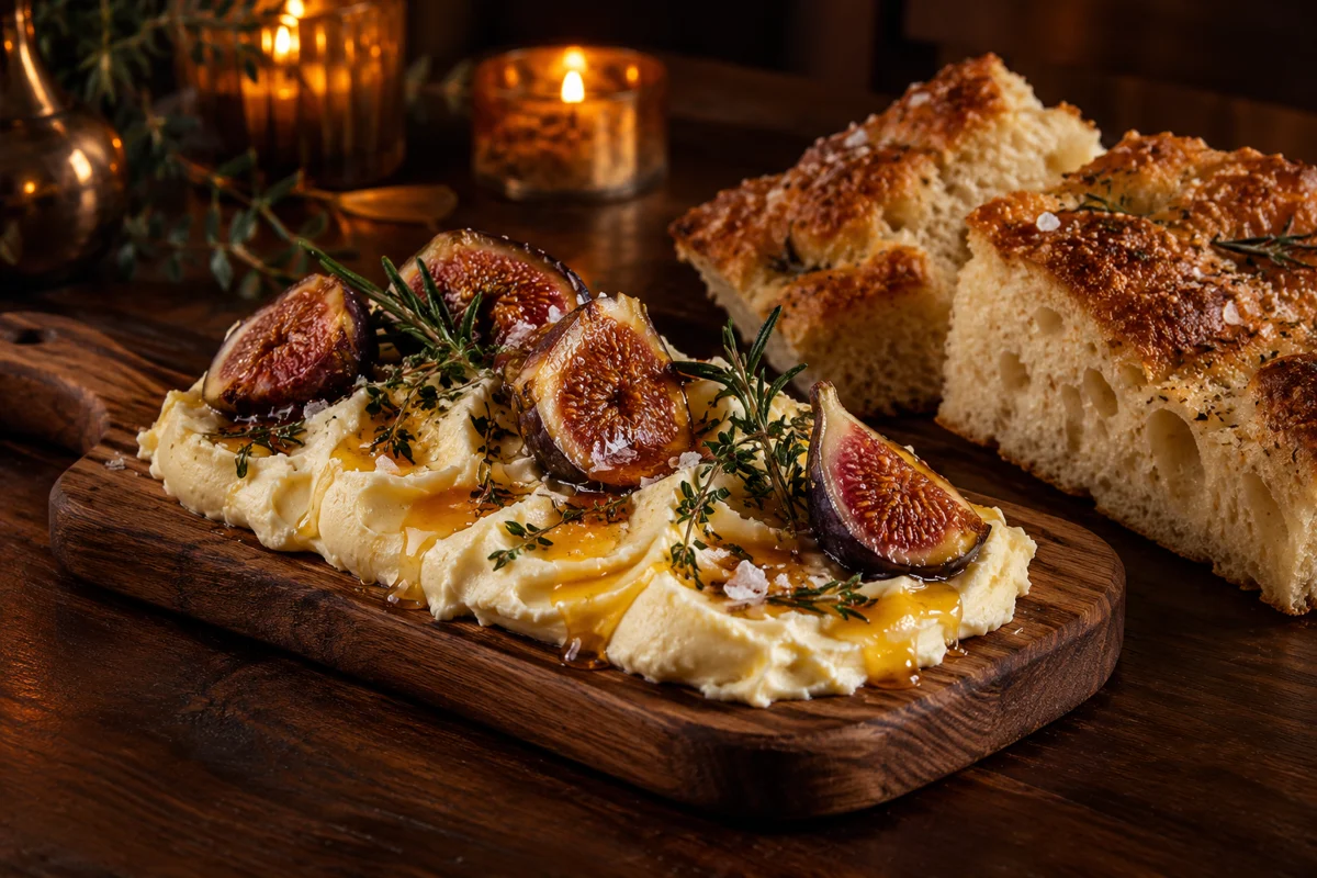 Cultured butter spread on a wooden board with warm bread