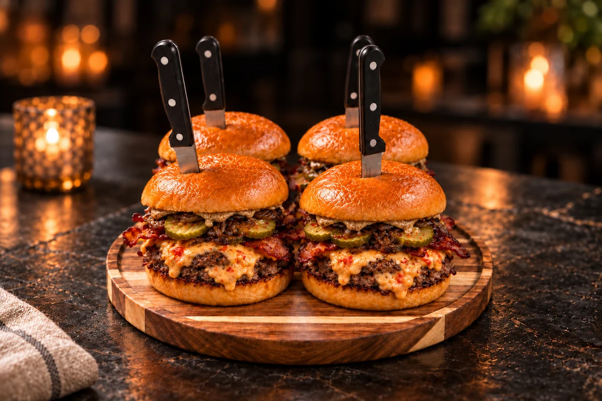 Four beef burgers with pimento cheese and bacon, each with a knife, on a round wooden board