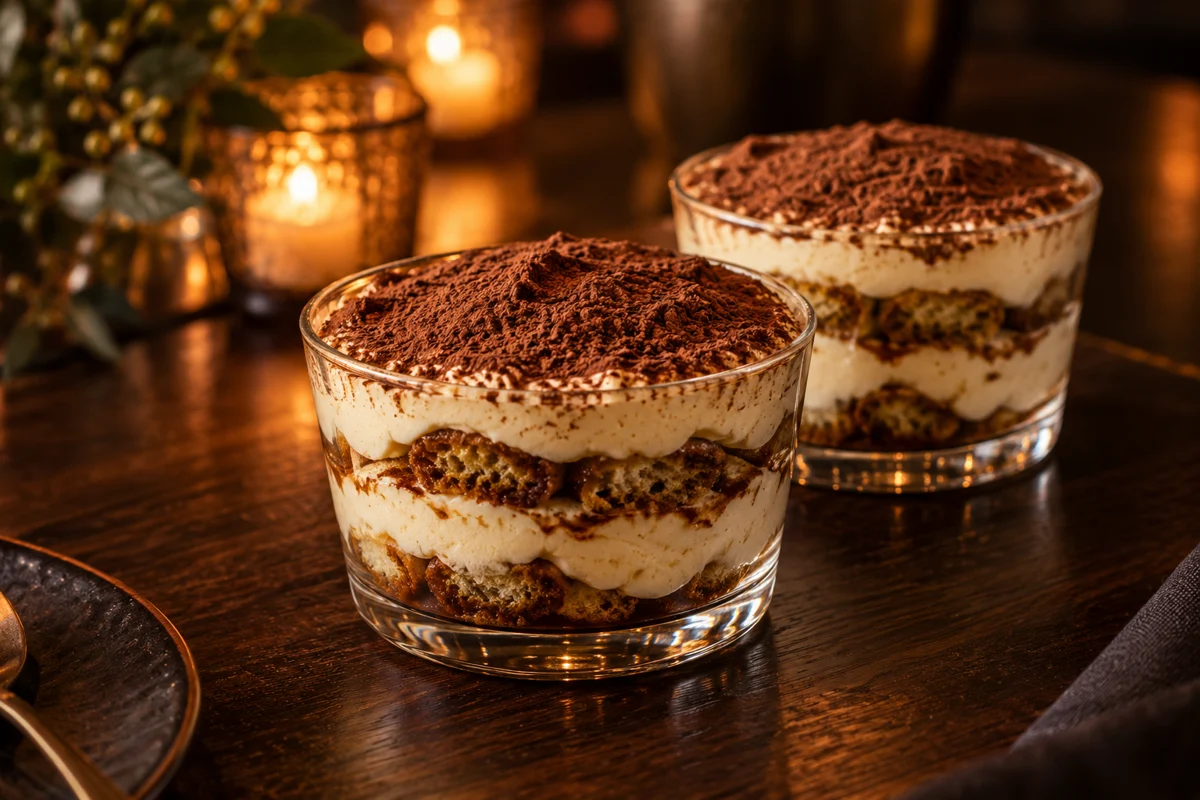 Individual tiramisu cups with cocoa-dusted cream