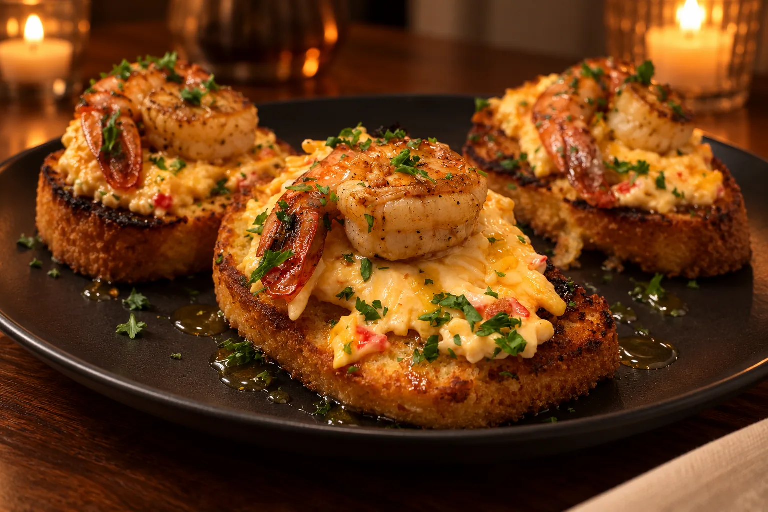 Cornbread toast with pimento cheese, shrimp and scallop garnish on a dark plate