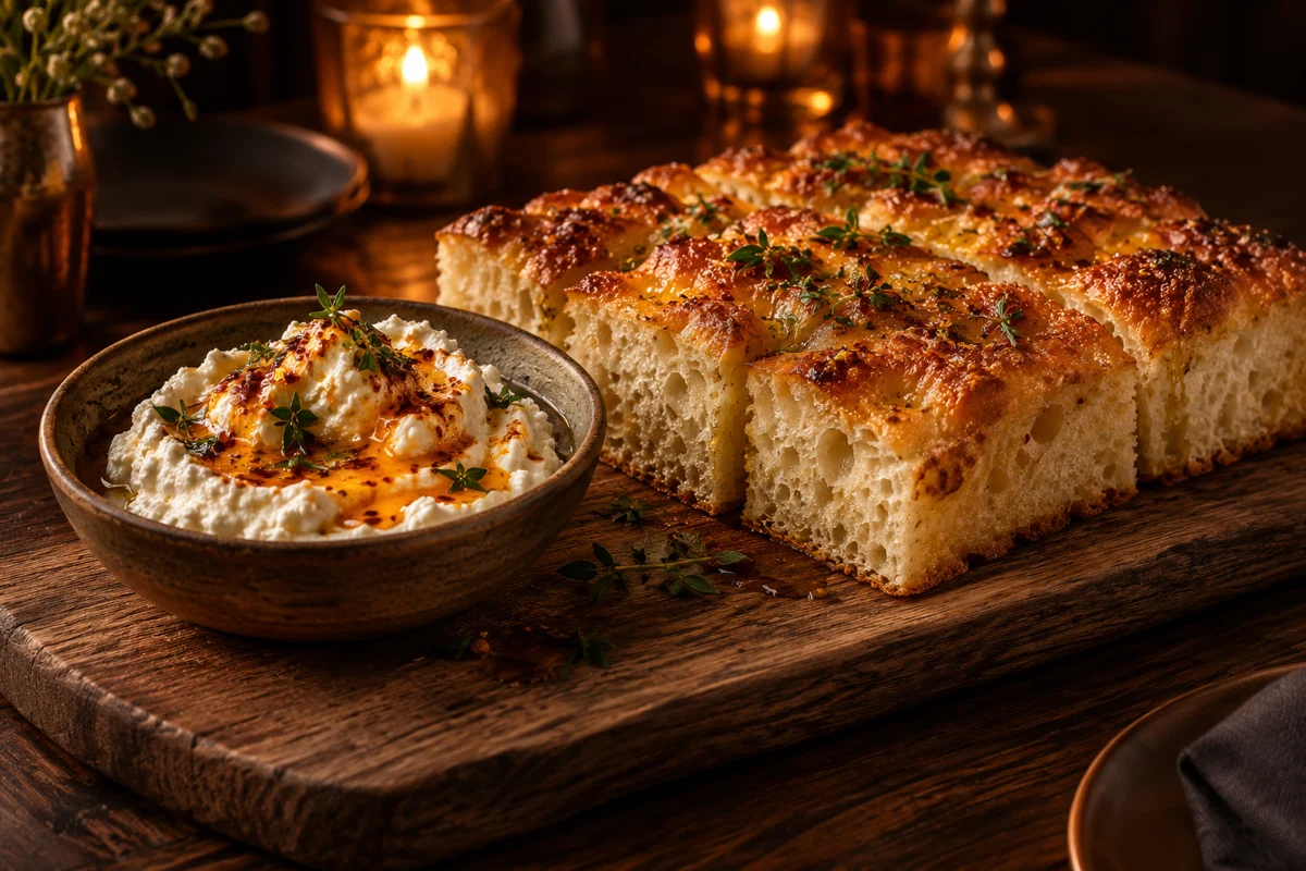 Focaccia topped with whipped ricotta and hot honey on a wooden serving board