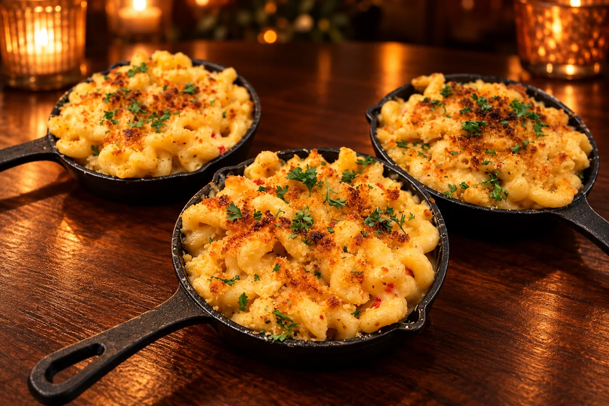 Creamy baked mac and cheese with a browned breadcrumb crust and parsley in a skillet