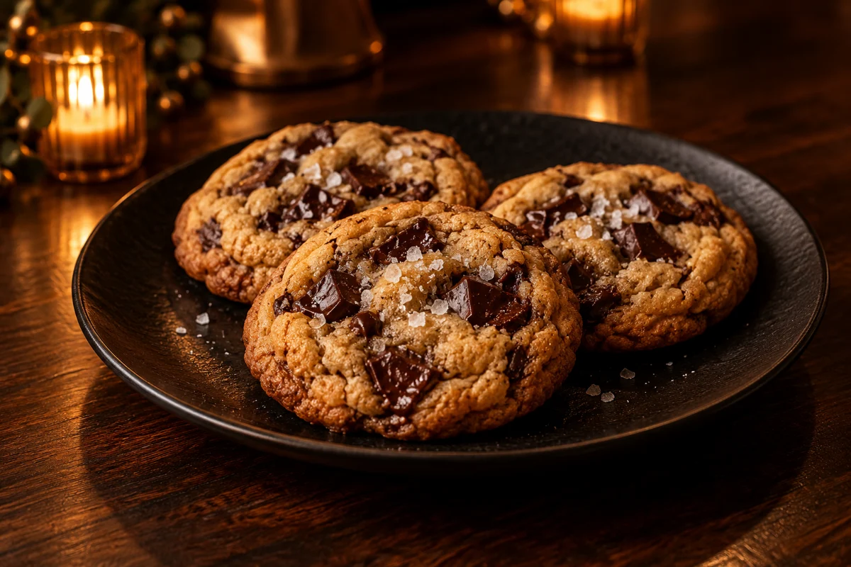 Golden brown butter chocolate chip cookies arranged on a black platter