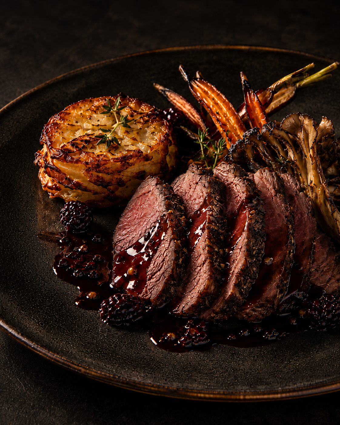 Wild South duck breast with layered potato and glazed vegetables