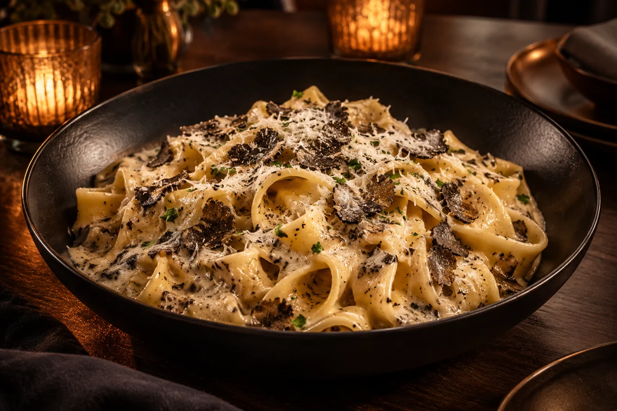 Pappardelle coated in truffle butter cream sauce in a black pasta bowl