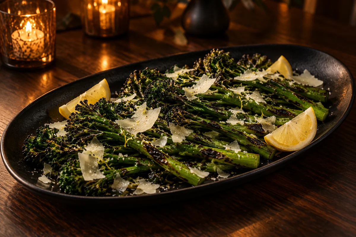 Charred broccolini with Parmesan on a black serving platter