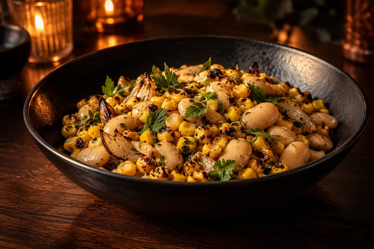 Charred corn and butter bean succotash in a black serving bowl