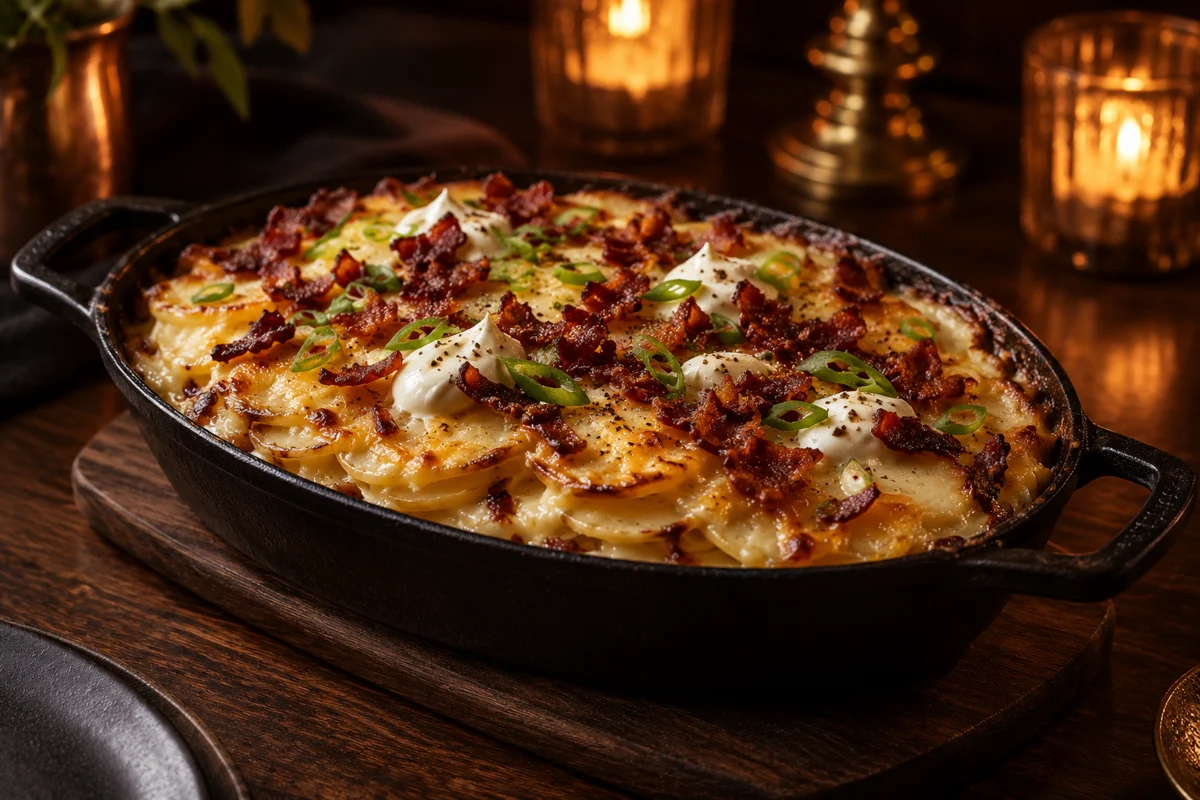 Golden baked potato gratin with a browned cheese crust in a cast-iron skillet