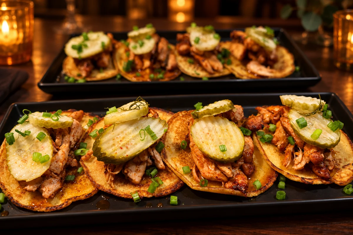 Golden johnny cakes topped with glazed roasted chicken, pickle slices and scallions