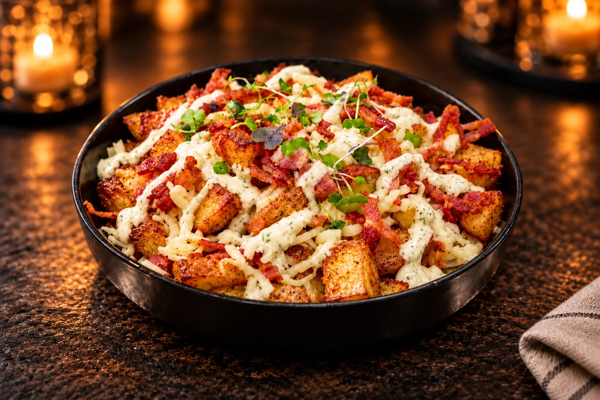 Crispy loaded potatoes with bacon, cheddar and roasted garlic ranch