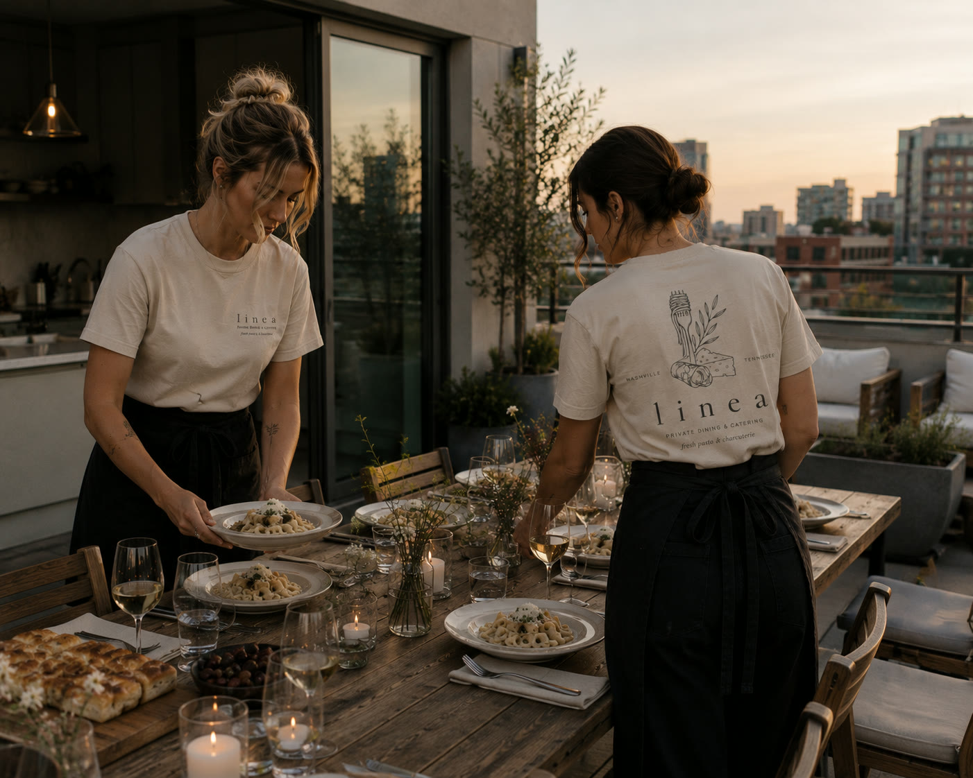 Plated courses set along a long dining table